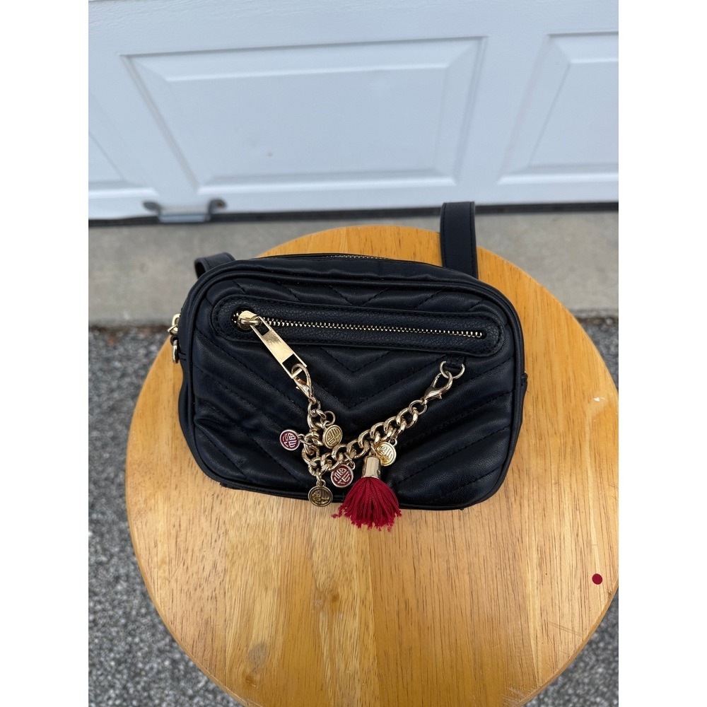 Aldo Black Quilted Belt Bag Faux Leather Waist Pack Gold Chain Tassel Accent
